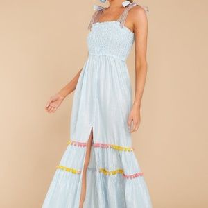 Smocked striped blue pom pom dress (red dress)